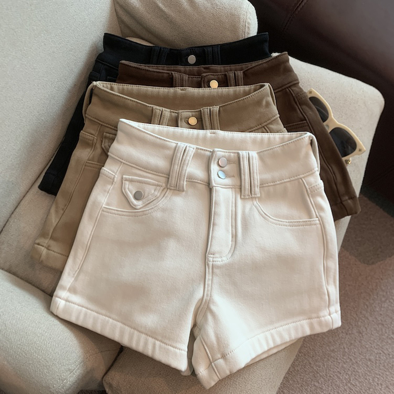 Women's Vintage Denim Shorts, Suitable for Spring, Summer, Autumn, and Winter, American Style, High-Waisted, Slimming, Straight-Leg, Fitted, with Pockets, Wide-Leg, Workwear Boot Shorts