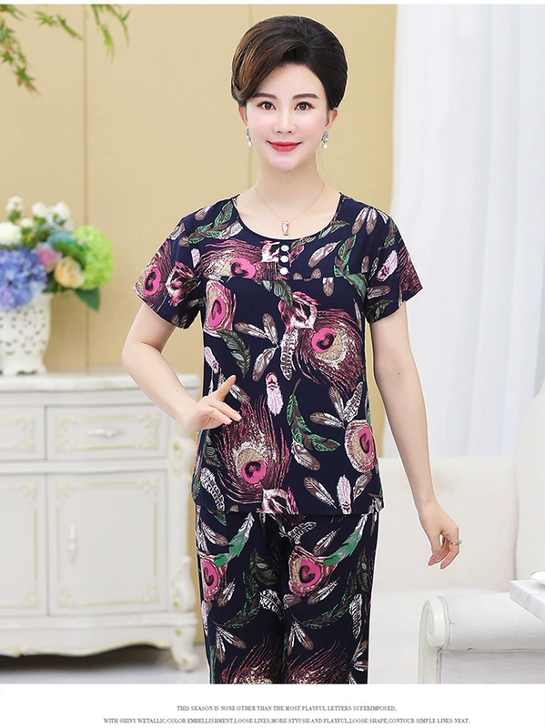 Đồ ngủ cho người trung niên và người già bộ đồ ngủ mùa hè ngắn tay lụa cotton bà ngoại mỏng mùa hè bà mẹ già mẹ cotton lụa phục vụ tại nhà - Cặp đôi