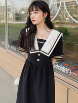 Lecea Alice Navy Collar Dress 2022 Summer New College Style Waist Slim Black Skirt Women Summer