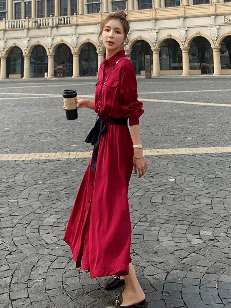 Lecea Alice French retro dress 2022 autumn new waist waist slimming belly temperament long skirt