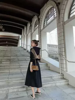 Lecea Alice stitching long sleeve dress 2021 autumn new vintage plaid loose hooded sweatshirt skirt