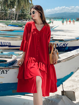 Lecea Alice Red Dress Summer 2022 New Korean Style Loose Mid-length Shirt Dress Women Summer