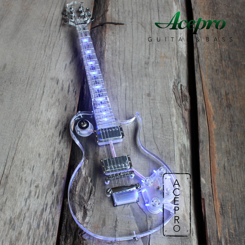 ACEPRO Full Crystal Electric Guitar Professional Stage Transparent Electric Guitar Cool Colorful LED Lights Luminous Guitar