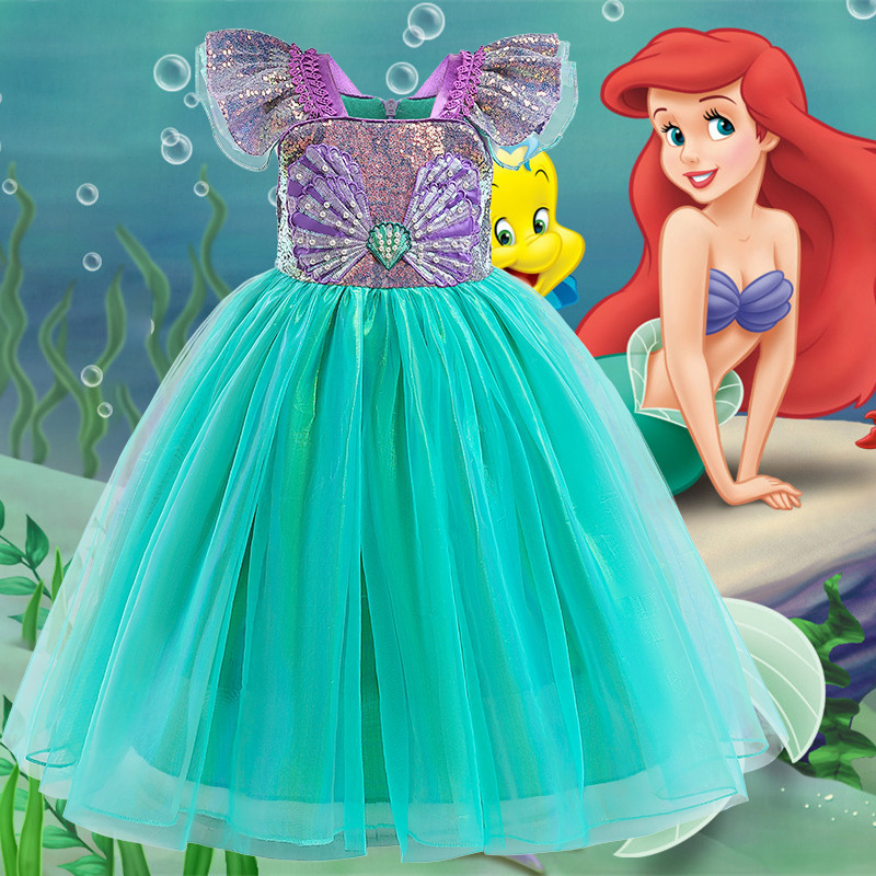 Mermaid Princess Dress 2025 New Style Girls Cosplay Mermaid Sequin Flutter Sleeve Dress Performance Dress
