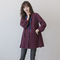 Pregnant Woman Shirt Spring Autumn Money Loose Big Code Plaid Shirt Art Fan Professional Dress Pregnant Woman Spring Clothing Tummy Tummy Jacket