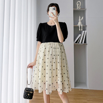 Pregnant woman Liandress Summer medium long style High waist Fashion Temperament Sweetness Knit Splicing Flow Light Yarn Polo Dot Pregnant Dress