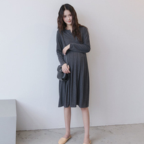 Pregnant womens dress mid-length spring and autumn hot mom fashion pure cotton wild waist elastic large size pregnant women bottoming skirt