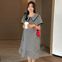 Pregnant woman plaid dress with dress in summer dress with loose large code Chauma fashion cover with slim turnover of pregnant woman dress