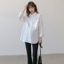 Pregnant Woman Shirt Spring Autumn Long Sleeve Ocean Qi Fashion White Korean version Large code Career overturning Long sleeves Pregnancy Woman Dress Shirt