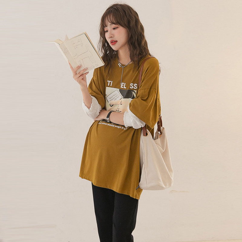 Pregnant woman's autumn dress Long sleeve blouse with long version of Korean version Fashion Printed Splicing Fake two pregnancy Mistresses Pure Cotton T-shirt
