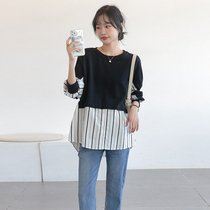 Pregnancy Woman Dress Spring Autumn Style Long Sleeve T-Shirt Tidal Moms Fashion Personality Splicing Striped Shirt Loose Big Code Casual Blouse