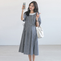 Pregnant Woman Plaid dress Summer medium long style Fashion Lace round collar High waist Slim Cover Pregnant pregnant woman Skirt Summer