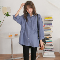 Pregnant woman Lining Clothes Autumn style Long sleeves jacket loose Han version Fashion collection waist display slim large size pure cotton pregnant woman blue shirt