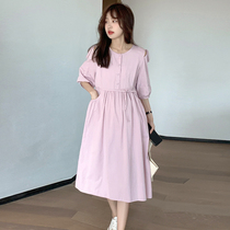 Pregnant woman shirt one-piece dress Summer short sleeves Long style loose big code High waist lacing pure color round collar pregnant woman skirt
