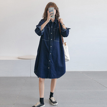 Pregnant Woman Denim Shirt Dress Spring Fall long sleeves Middle length Pregnant Woman Dress Relax Big Code Casual Fashion Autumn Dress Long Dress