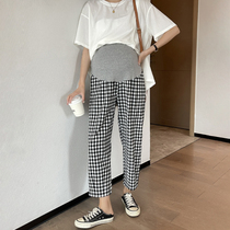Pregnant Woman Pants Spring Summer Thin loose Han version Fashion checkered cotton linen pants Leisure straight drum 90% Pants Spring Autumn