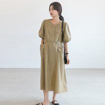 Pregnant woman shirt one-piece dress Summer short sleeve round collar fashion minimalist Temperament Pure Color Large Code Pregnant Woman Long Dress Summer