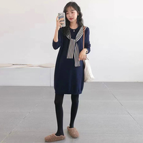 Striped Cape Shoulder ~ pregnant woman sweater with long section 2021 new gestation Winter Nets Knitted Bottom Blouse