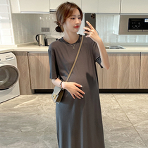 Pregnancy Maternity dress Summer long dress Dress Fashion Pit Bar Round Neckline Pure Pregnant Pregnant Woman Short Sleeve T-shirt Dress Summer slim fit