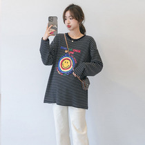 Pregnant Woman Long Sleeve T-shirt Spring Dress Fashion Stripes Loose Large Code Cartoon Printed Pregnant Woman Blouse Spring And Autumn Cover Tummy