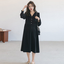 Pregnant Woman Spring Dress Coupe Dress Superior Fashion V Character Flip collar Big code medium long black Belly Snowspun Pregnant Woman Dress