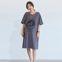 Pregnant woman summer dress short sleeve T-shirt dress with long style loose large code fashion printed and reduced age pure cotton round collar T-shirt dress