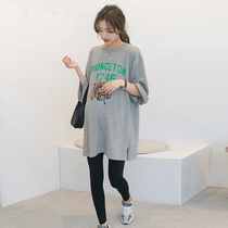 Pregnant woman short sleeve T-shirt Summer medium Long style Loose Korean Version Tiger Printed Big Code Pure Cotton Gestational Woman with summer clothing jacket