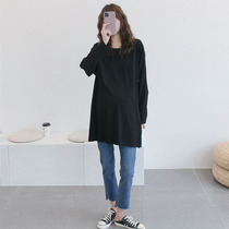 Pregnant womens autumn top Long-sleeved mid-length loose Korean large size black inner cotton pregnant womens t-shirt bottoming shirt