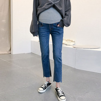 Pregnant womens jeans spring and autumn outer wear nine-point pants high waist support abdomen irregular hems casual stretch pregnant womens pants