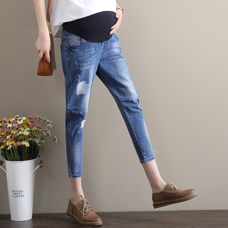 Spring and summer thin pregnant jeans seven-pants belly pants daughter pregnant women eight-minute shorts fattened large yards