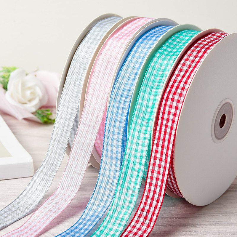 1 5cm Double sided polyester fiber with plaid with flowers bouquet Bouquet Gift Box Decorative Tie Strap DIY Baking Flower Art Ribbon