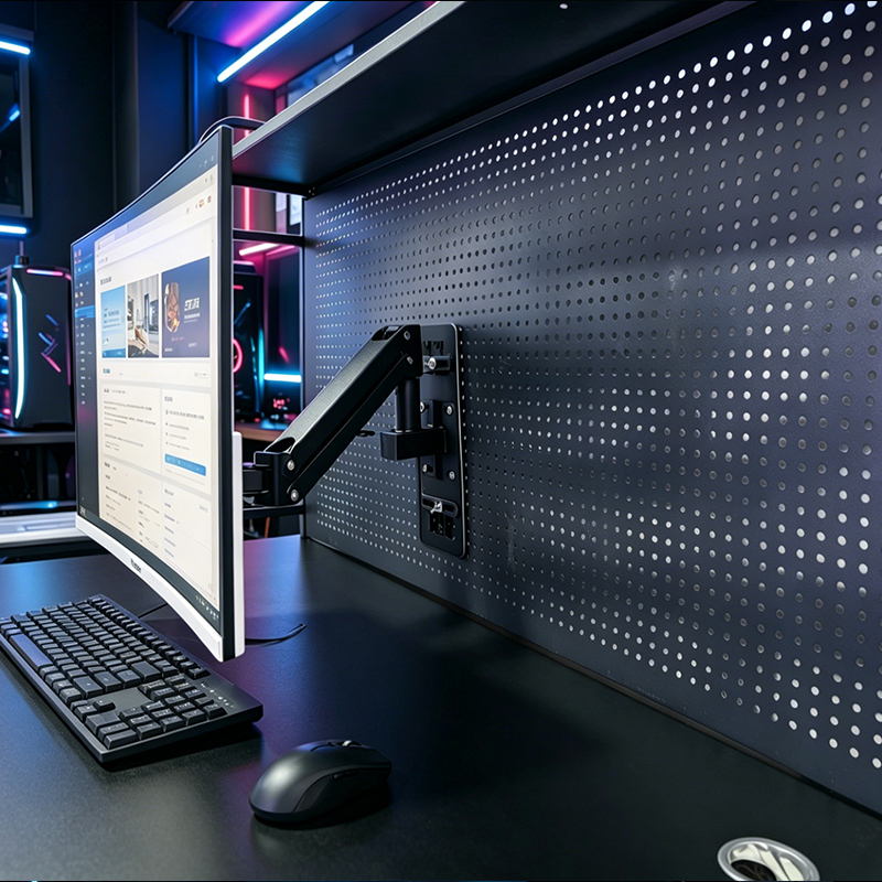 Pneumatic Monitor Stand for Pegboard Shelving, 17-32inch Degree Rotating, Hanging Computer Screen, Silver Pneumatic Monitor Stand for Pegboard Shelving, 17-32inch Degree Rotating, Hanging Computer Screen, Silver
