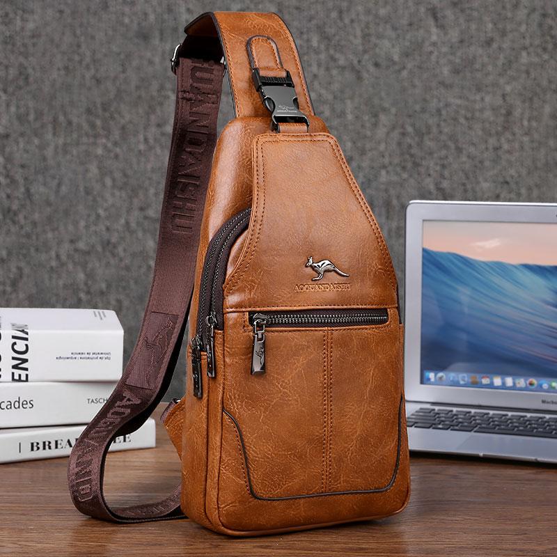 Men's Chest Bag, Single Shoulder Crossbody Small Backpack, Retro Two-Layer Cowhide Small Bag, Men's Fashionable Casual Chest Bag