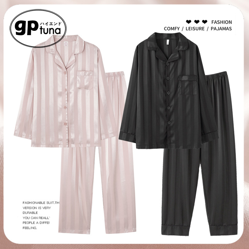 Gptuna Pajamas Couple Milk Apricot Women's Silk Men's Spring and Autumn Ice Silk Striped Black Loungewear Real Silk Summer