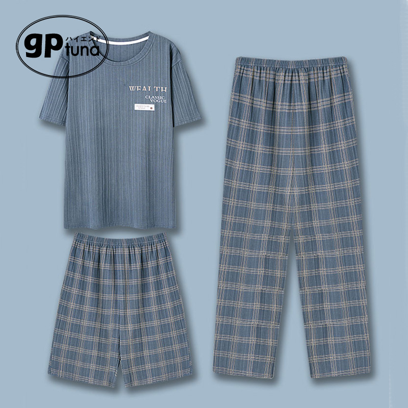 Gptuna Modal Men's Pajamas Summer Short-Sleeved Long Pants Three-Piece Set Youth Large Size Can Be Worn Outside Home Clothes