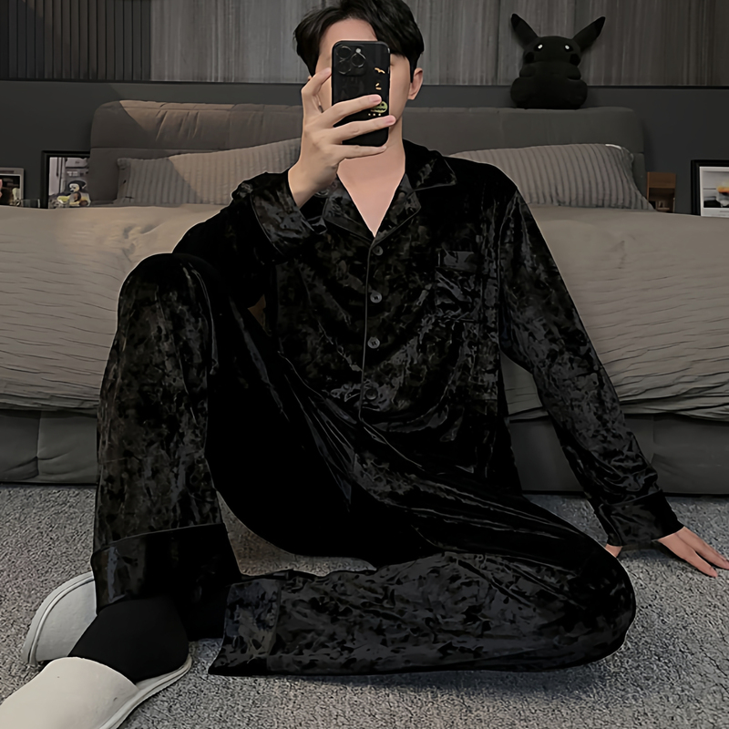 Japanese Gp High-End Black Pajamas for Men, Autumn and Winter Large Size Gold Velvet Men's Loungewear, Spring and Autumn Set