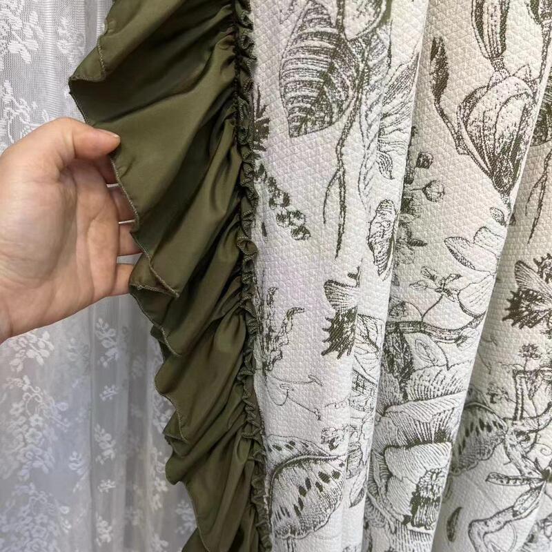 Tianhe Lace Internet Celebrity Recommended Pure White and Black Ruffled Curtains with Lace Side Panels DIY Zero-Cut Factory