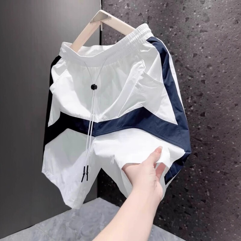 Kangshi Yishu Trendy White Shorts for Men, New Summer Fashion, Loose Thin Color-Blocked Sports Straight-Leg Five-Point Shorts