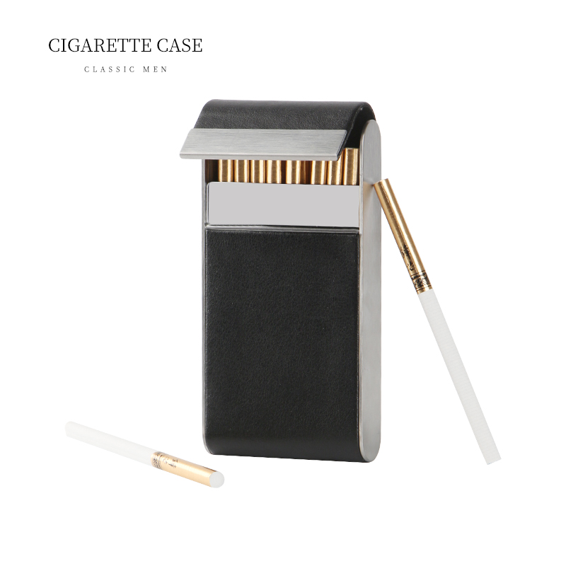 High-end men and women genuine leather fine cigarettes Box Stainless Steel Individuality 20 Portable Clamshell Metal Incense Cigarette Case