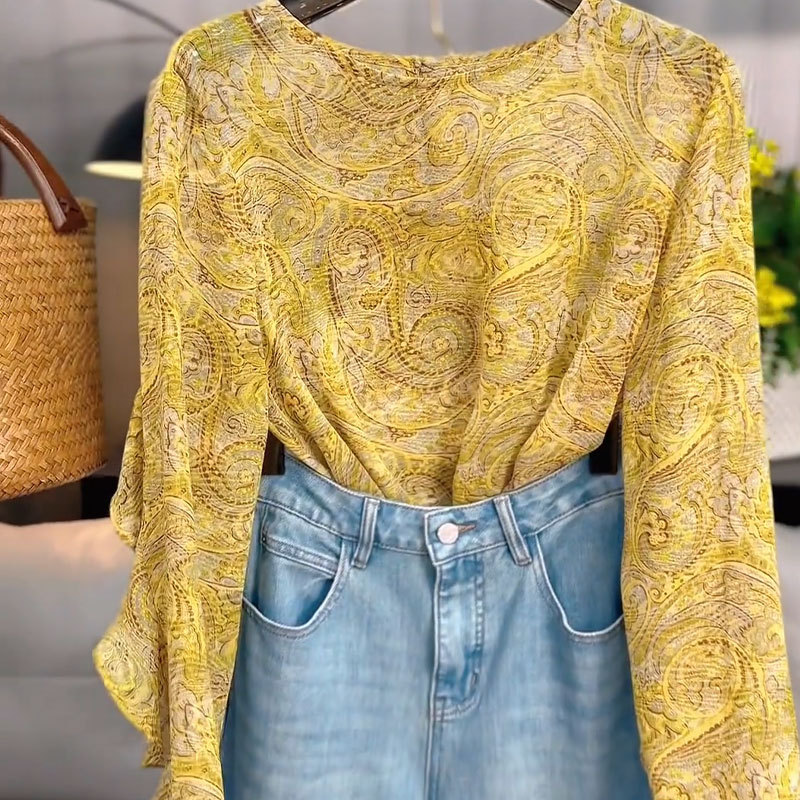 European Goods 2025 Summer New Style Yellow Floral Round Neck Lace Trim Versatile Slimming Sun Protection Casual Shirt Women's Top