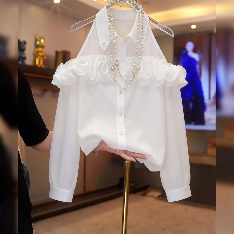 French-Style White Off-The-Shoulder Lace Blouse for Women, Summer Long-Sleeved Loose-Fitting Top with Pearl Embellishments