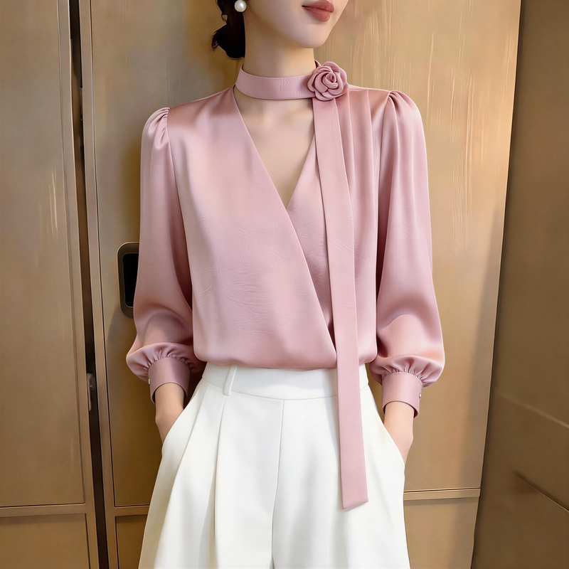 French-Style Light Mature Pink V-Neck Ribbon Shirt with Long Sleeves for Women, Featuring Three-Dimensional Rose Design, Loose Fit, and Elegant Top