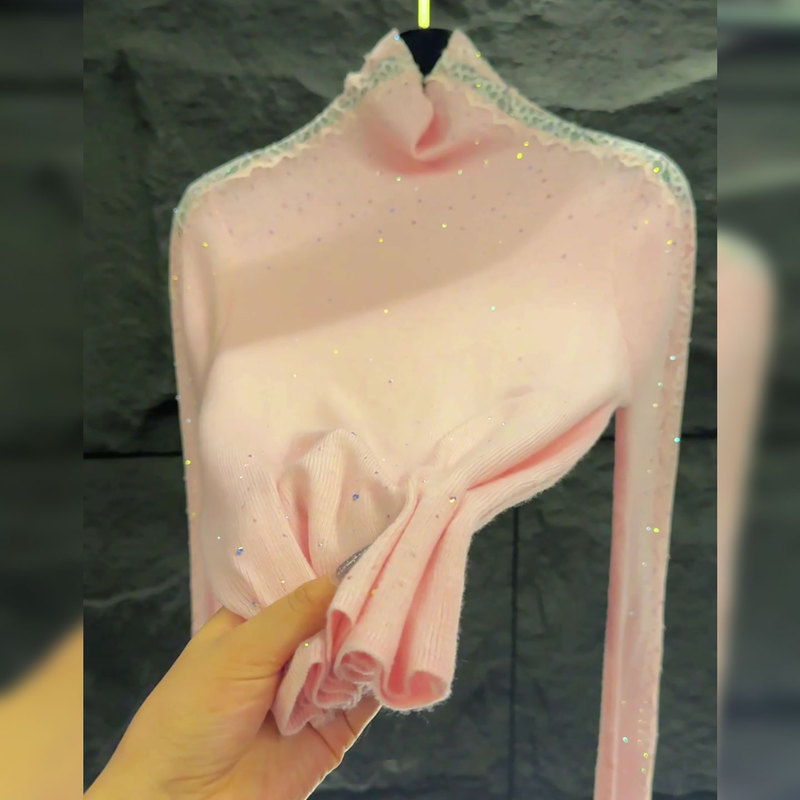 Heavy-Duty Rhinestone-Embellished Half-High Collar Base Shirt for Women, 2025 Autumn and Winter, Atmospheric Pink Knit Sweater, Elegant and Soft Top Heavy-Duty Rhinestone-Embellished Half-High Collar Base Shirt for Women, 2025 Autumn and Winter, Atmospheric Pink Knit Sweater, Elegant and Soft Top