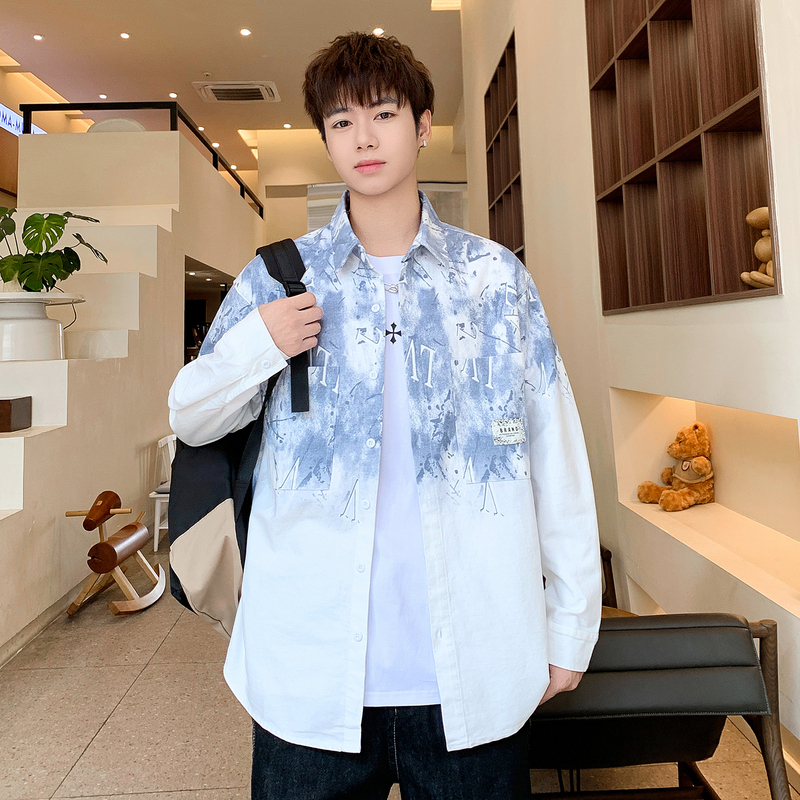 Autumn New Pure Cotton Long-Sleeved Shirt Jacket for Men with a Turn-Down Collar, Hong Kong Style, Loose Fit, Stylish Tie-Dye Top for Teenagers and Students