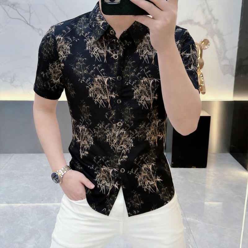 2026 Summer New Style Chinese Style Bamboo Pattern All-Over Print Short-Sleeve Shirt for Men, Matte Finish, Light Mature, Elegant Casual Shirt, Thin