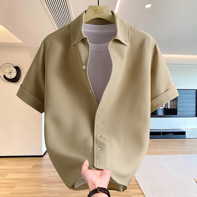 Summer Short-Sleeved Shirt Jacket for Men with Lapel, Korean Style, Slim Fit, Youth Fashion, Casual, Versatile, Simple Waffle Shirt