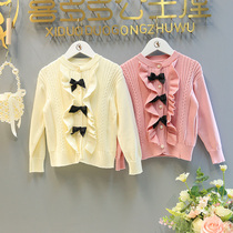 Girls sweater cardigan 2021 Spring and Autumn New Korean version of bow foreign style knitted coat childrens fashion coat