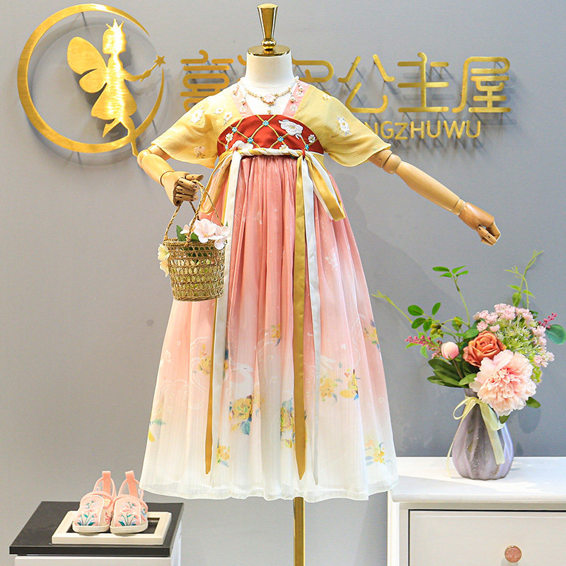 Girl Han Suits Summer 2022 Summer Dress New China Wind Embroidery Foreign Dress Children Princess Dresses Superfairy Goosewear Dress