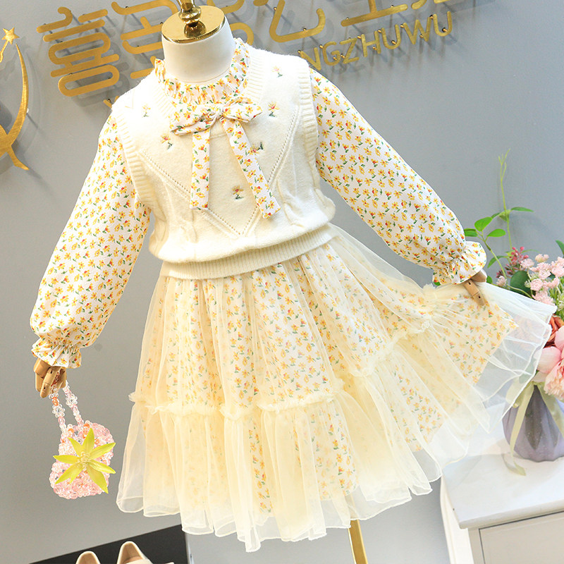 Girl Princess Dress 2022 Spring Dress New Knit Machia Snowspun Dress Crummy Florist children's foreign dress Two sets