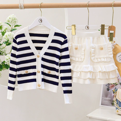 Осенний комплект, свитер, военно-морской кардиган, детская юбка, коллекция 2021